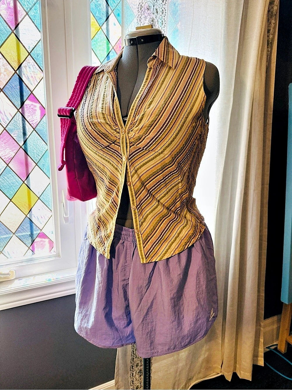 Guess Striped Sleeveless Blouse in Brown & Pink Size Large Like N